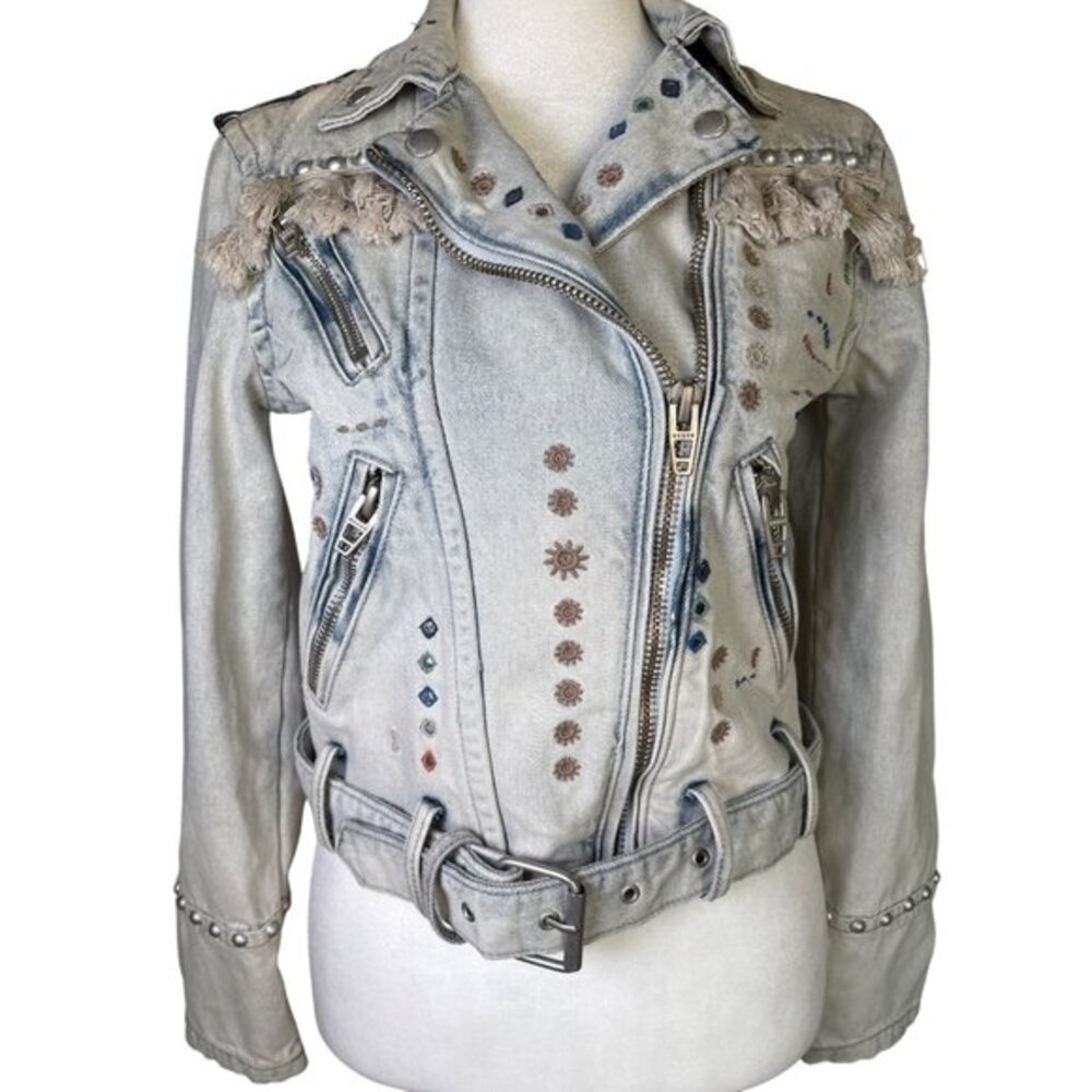 BlancNYC Size XS Denim Jean Jacket Boho Moto Embellished Embroidered Mirrors Tas